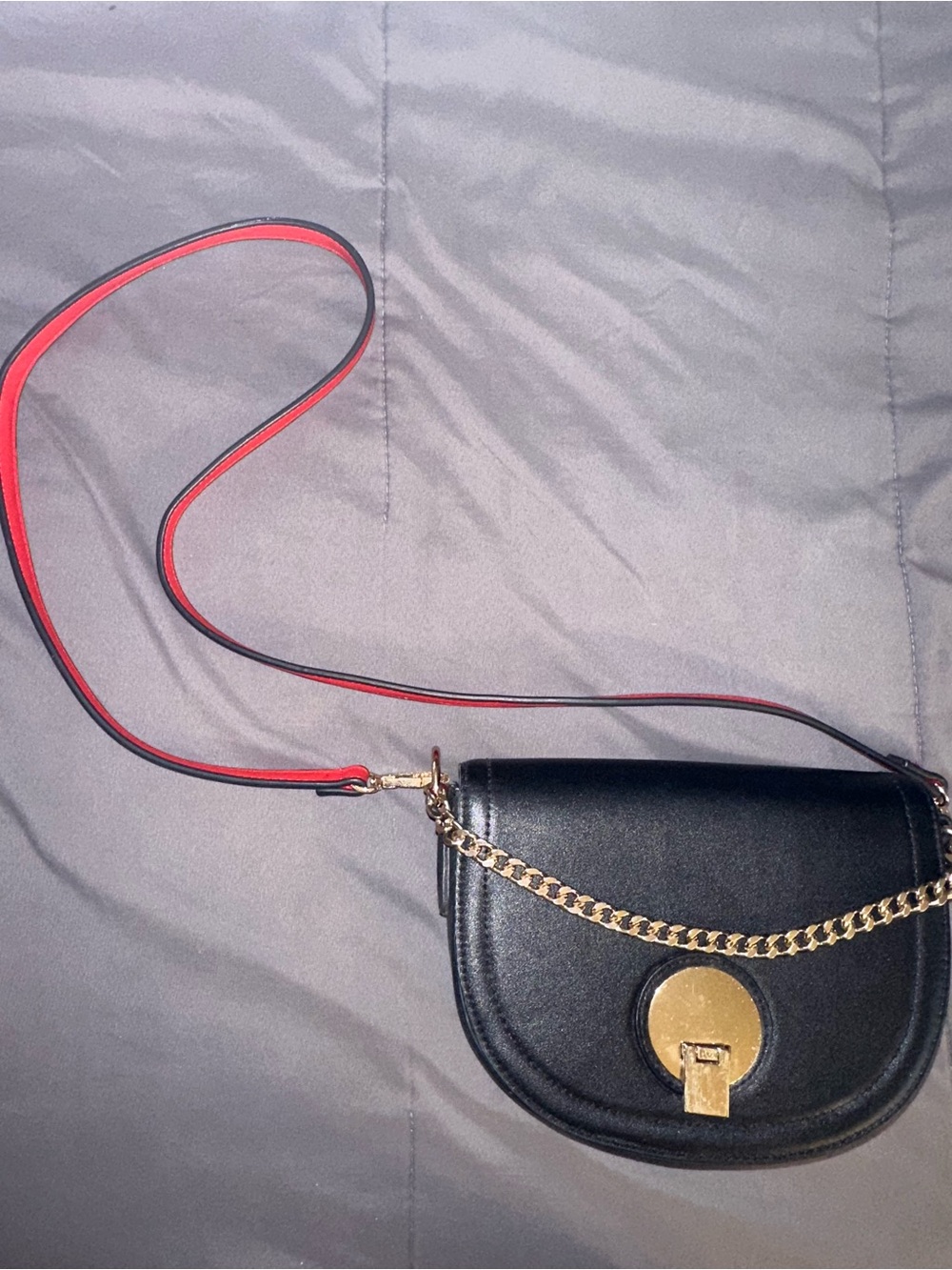 Forever 21 Black Crossbody with Gold Hardware and Red-Trim Strap
